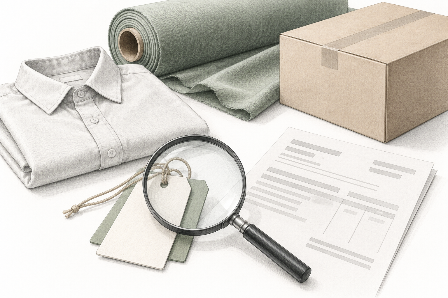 Conceptual illustration of a shirt, fabric roll, shipping box and supporting documents with blank tags.