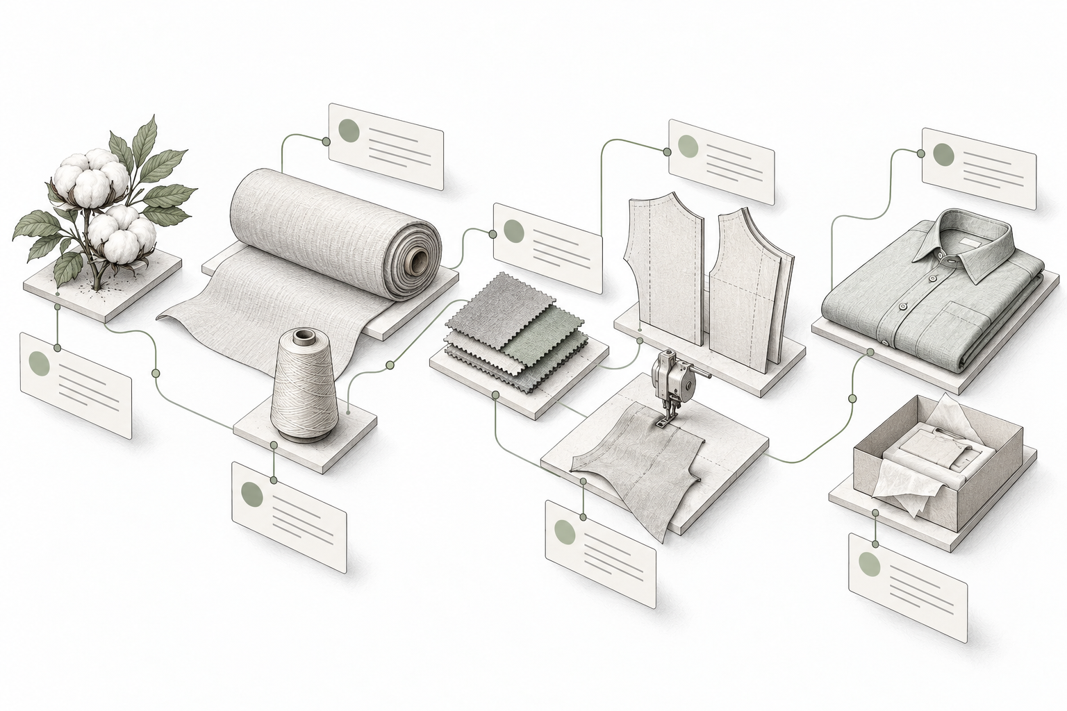 Conceptual illustration of fabric, garment production stages and linked record cards.
