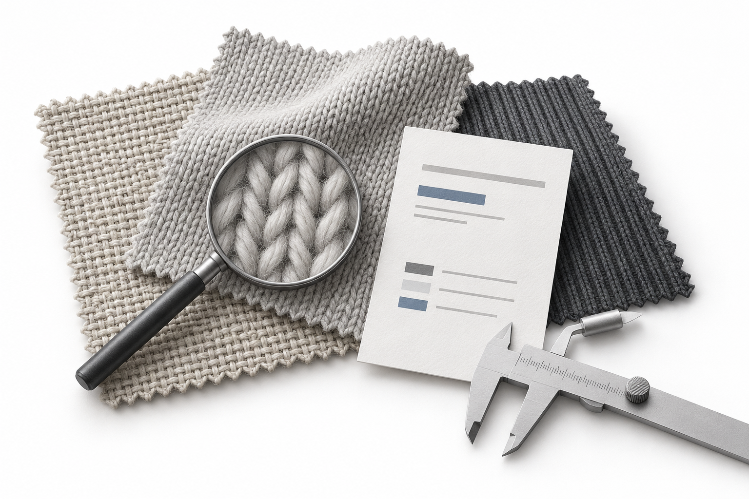 Conceptual illustration of woven and knitted fabric swatches, a specification card and measuring tools.
